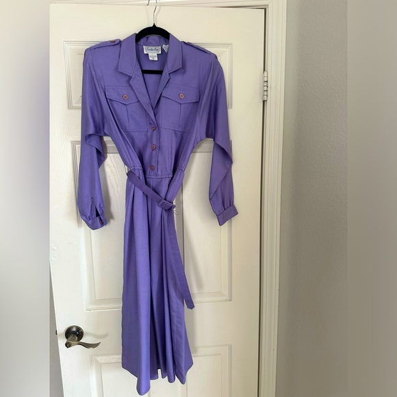 Leslie Fay 80s vintage midi purple button down dress long sleeves Size 8 - Picture 3 of 13